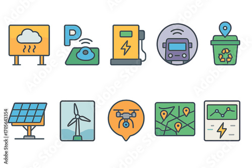 Eco, sustainability linear icon set. green energy, recycling, solar power icons