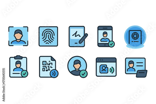 Digital identity icon set. verification, security, technology flat collection