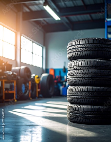 Tires stacked in a workshop. Sunlight streams into the room