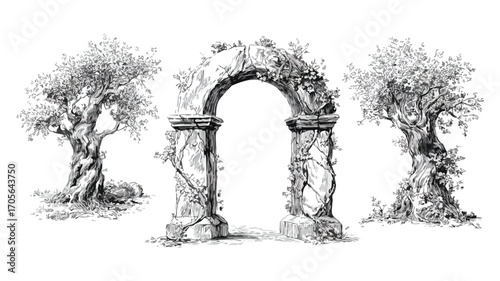 Elegant Elven Archway and Gate Engraving Set - Vintage Hand-Drawn Illustration