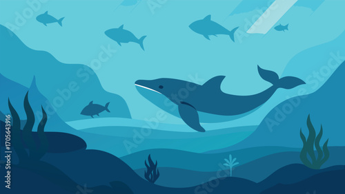 Mystical underwater forest with glowing bioluminescent flora and a lone sea turtle swimming