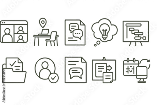 Remote work outline icon set. digital workspace, collaboration illustrations collection