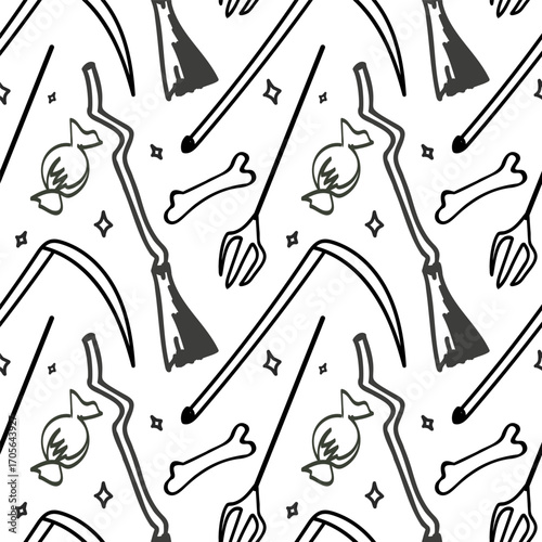 Seamless pattern on Halloween theme. Broom, bone, scythe, candy, pitchfork