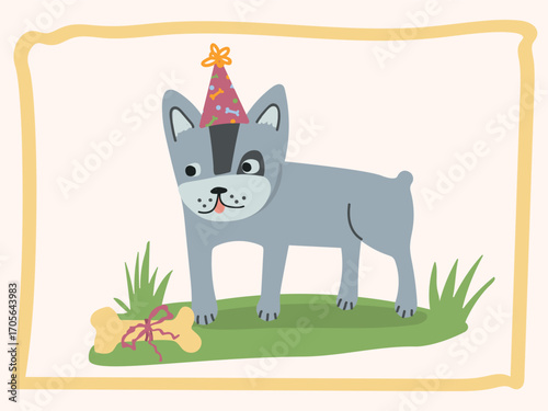 Gray dog in party hat with birthday bone and festive frame, cute vector illustration for greeting cards and celebration design