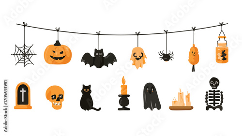 Spooky Halloween Decorations Flat Vector Icons for Graphic Design Projects