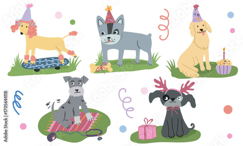 Cute vector set of birthday dogs in party hats with gifts, cake, decorations and colorful confetti for children’s celebration design