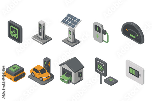 Electric vehicle 3d icon set. charging, battery, eco-friendly, sustainable symbols