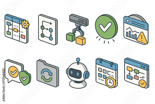 Workflow and technology 3d icon set. automation and analysis icons collection