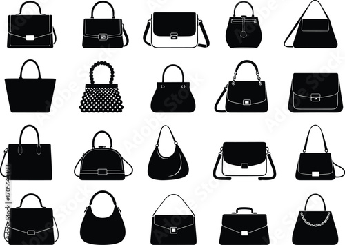 Handbag silhouette vector, fashion accessory collection, black and white graphic, stylish purse designs, retail, personal style, modern bag shapes illustration