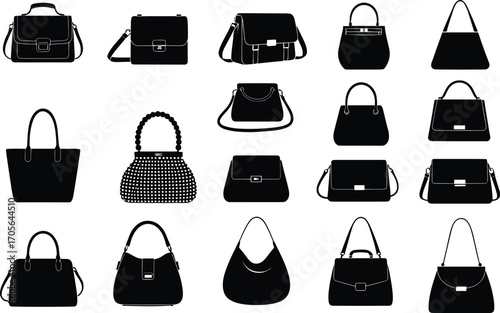 Handbag silhouette collection, fashion accessory icons, tote, clutch, satchel, shoulder bag styles, vector illustration for catalog, branding, retail, design, ecommerce, marketing