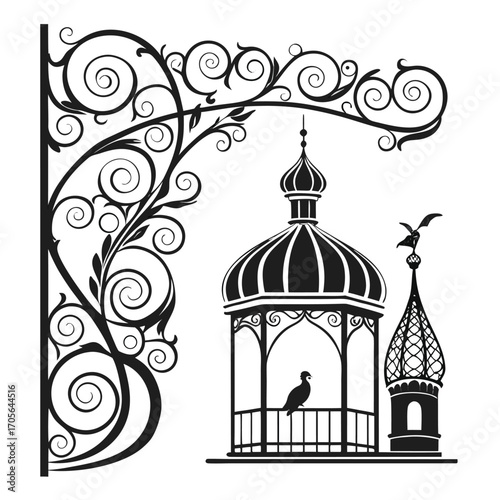 Black Silhouette of a Gazebo with a Bird and Decorative Scrollwork pavilion architecture