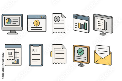 Finance and business outline icon set. financial, payment, invoice icons collection