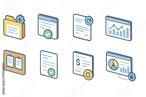Business, finance outline icon set for reports and analytics, data management