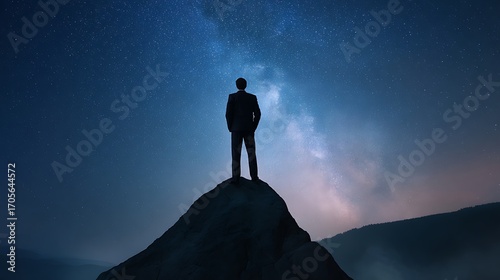 A businessman's silhouette on a mountain peak looking at the starry Milky Way, a powerful metaphor for ambition, vision, and future success