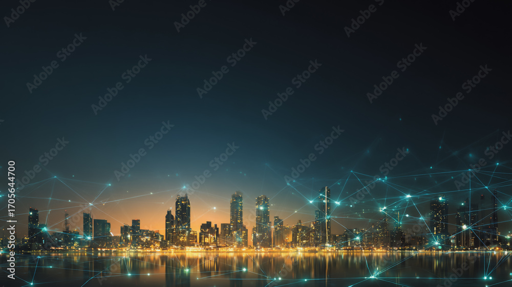 Obraz premium Twilight a city of modern business and smart digital innovation with a network of interconnected rewards over the cityscape of the future smart wireless digital city and social media network
