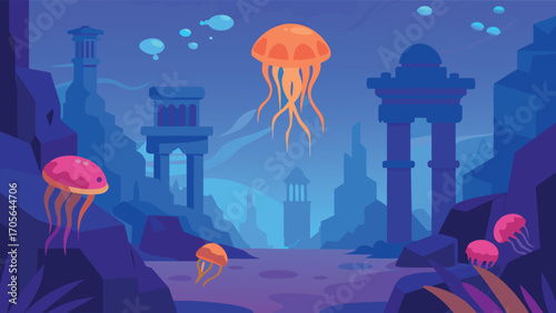 Serene underwater temple scene with luminous sea creatures and coral reef vector illustration