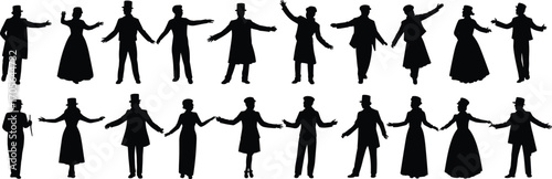 Vintage silhouettes of men and women in formal attire, theatrical poses, historical fashion, top hats, long dresses, black vector illustration, retro style, elegance