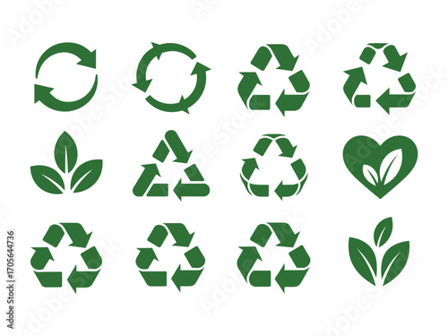 Green recycling symbols and leaf icons eco friendly