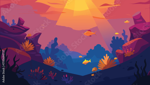 Serene underwater valley flowing river coral reefs and marine life vector illustration scalable eps