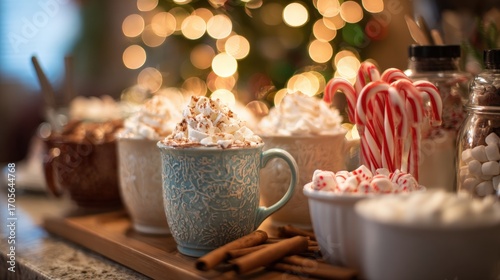 Festive Hot Cocoa Bar Setup with Mugs Whipped Cream Candy Canes and Blurred Christmas Tree