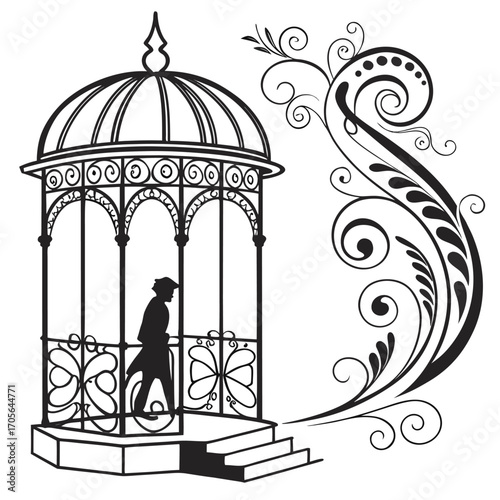 Black Silhouette of a Gazebo with a Person Walking Inside and a Decorative Flourish pavilion structure