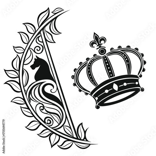 Black Silhouette of a Horse Head in a Decorative Leafy Swirl and a Royal Crown on a White Background Keywords: silhouette, horse head, chess piece, knight, crown, royal, regal, ornate, decorative