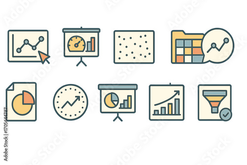 Business analytics linear icon set. data, charts, graphs in outline collection