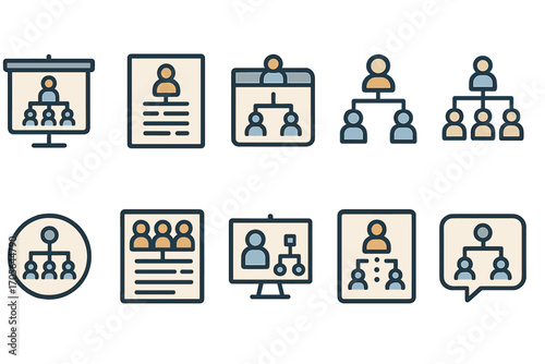Organizational chart outline icon set. structure, hierarchy, team symbols collection