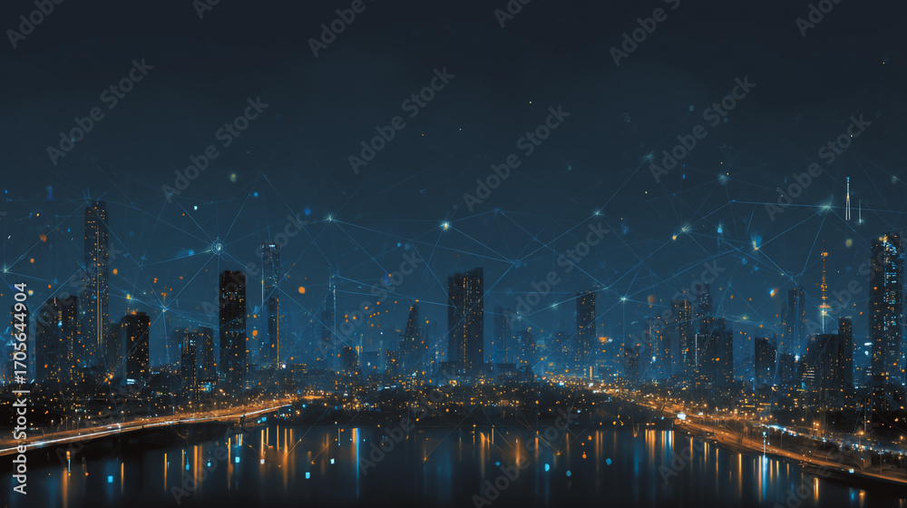 Fototapeta premium Twilight a city of modern business and smart digital innovation with a network of interconnected rewards over the cityscape of the future smart wireless digital city and social media network