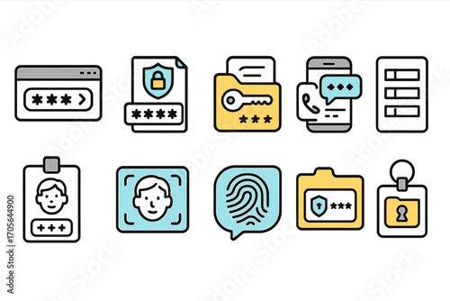 Password security icon set. encryption, lock, protection, secure icons outline collection