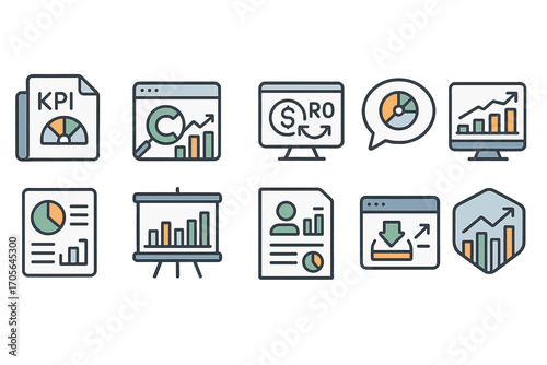 Business analytics outline icon set. data, report, kpi, metrics, finance icons collection