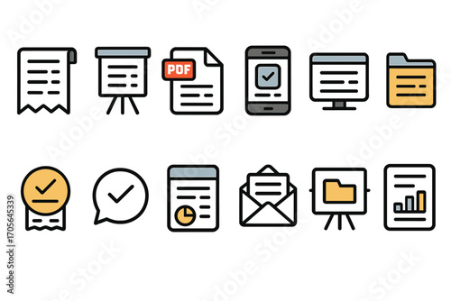 Document management icon set. organize files with flat business icons