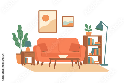 Home decor flat icon set. living room, furniture, plants, modern interior icons