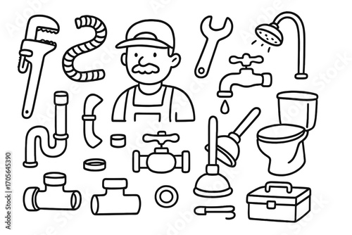 Plumbing, maintenance outline icon set. tools, repair essentials in linear collection