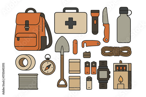 Camping essentials flat icon set: backpack, gear, compass, and more icons collection