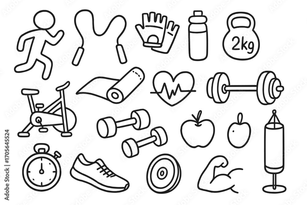 Fototapeta premium Fitness and exercise line icon set. health, gym equipment, wellness linear collection