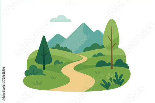 Nature, landscape flat icon set. mountains, trees, pathway, environment icons collection