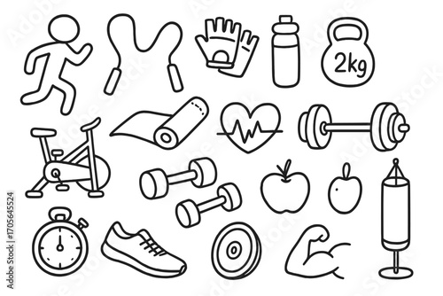 Fitness and exercise line icon set. health, gym equipment, wellness linear collection