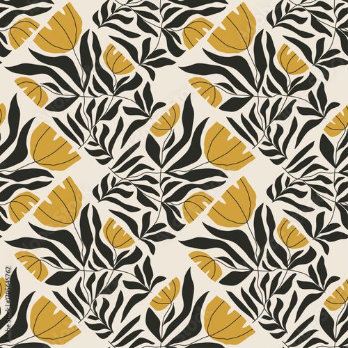 Trendy minimalist seamless botanical pattern with abstract creative hand drawn composition