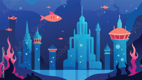 Surreal underwater adventure divers disco scene with mysterious castle and ocean life vector