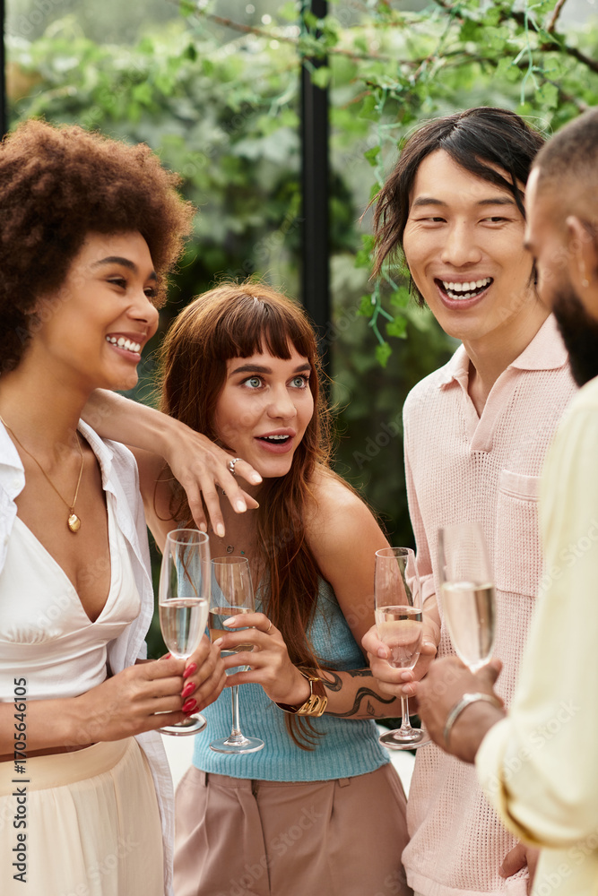 Fototapeta premium Happy friends enjoying laughter and drinks at an outdoor cafe during a sunny day