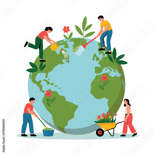 People tending to a stylized planet Earth with gardening tools