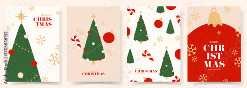 Greeting Christmas and New Year cards. Holiday vector illustration with Christmas trees, candy canes, balls, snowflakes and typography design. New Year templates for card, poster, cover, social media.