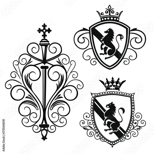 Collection of heraldic crests and decorative scrollwork featuring lions and crowns heraldry shield