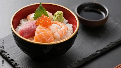 Assorted Sashimi Donburi Bowl with Soy Sauce Dip on Textured Slate