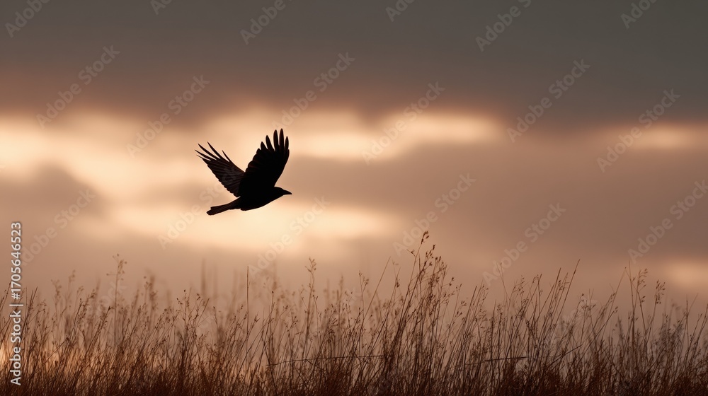 Obraz premium Silhouette of a bird flying across a dramatic cloudy sky above tall dry grass at sunset