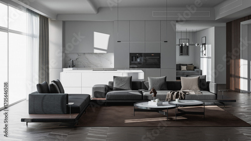 Minimalist modern apartment interior with cozy living room, marble kitchen wall, sleek contemporary furniture, soft daylight, and photorealistic 3D architectural visualization