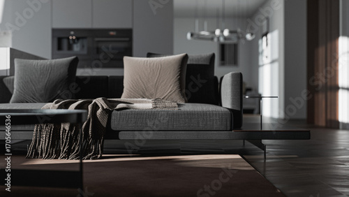Minimalist modern apartment interior with cozy living room, marble kitchen wall, sleek contemporary furniture, soft daylight, and photorealistic 3D architectural visualization