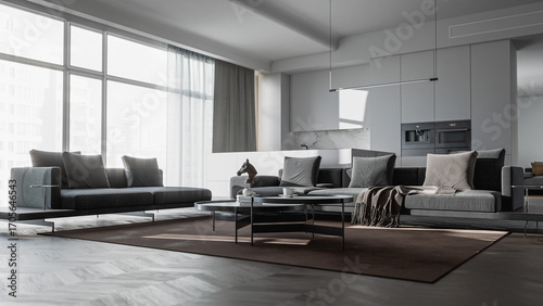 Minimalist modern apartment interior with cozy living room, marble kitchen wall, sleek contemporary furniture, soft daylight, and photorealistic 3D architectural visualization