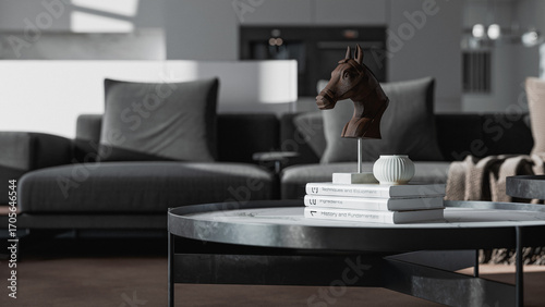 Minimalist modern apartment interior with cozy living room, marble kitchen wall, sleek contemporary furniture, soft daylight, and photorealistic 3D architectural visualization